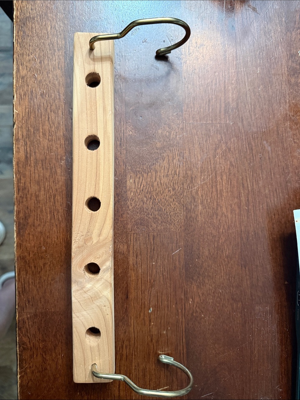 Wooden Scarf or Tie Hanger with Brass Hooks - Natural Wood